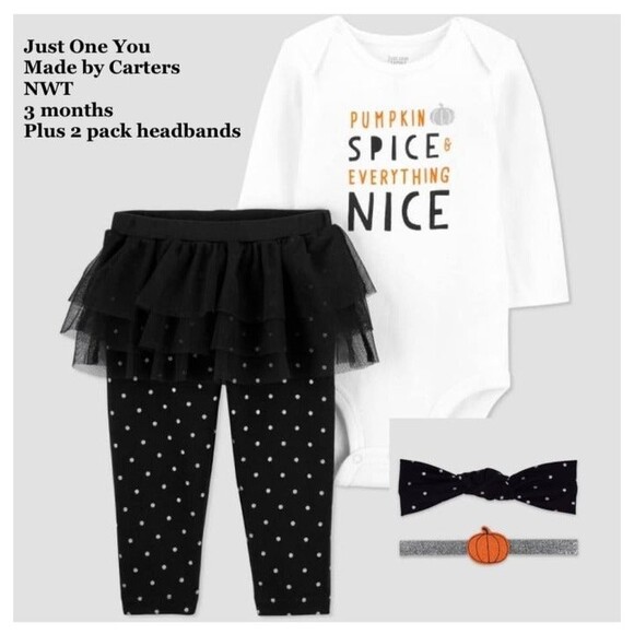Size 3 month Halloween Carter's Pumpkin Spice 2 Piece set PLUS 2 pack headbands - Picture 1 of 1
